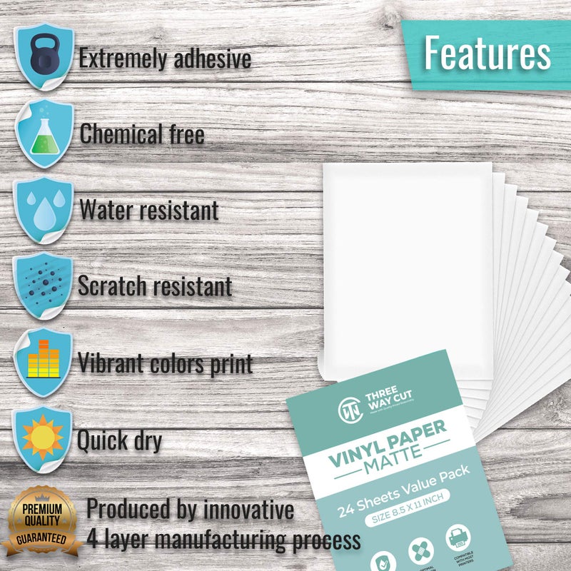 THREE WAY CUT Printable Vinyl Sticker Papers Matte for Inkjet & Laser Printer 24 Sheets White, Decal Paper Tear & Scratch Resistant Quick Ink Dry, Sticker Papers for Making Labels & Crafts - Image 2